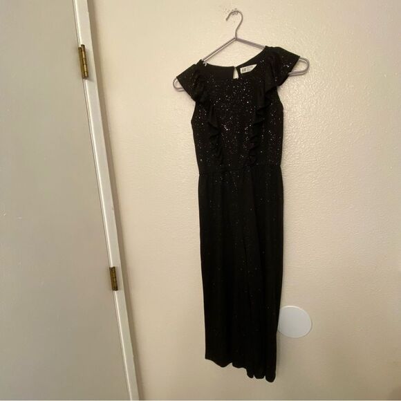 H&M black sparkly stretch cotton wide leg ruffle jumpsuit romper 8-10 - Picture 2 of 10